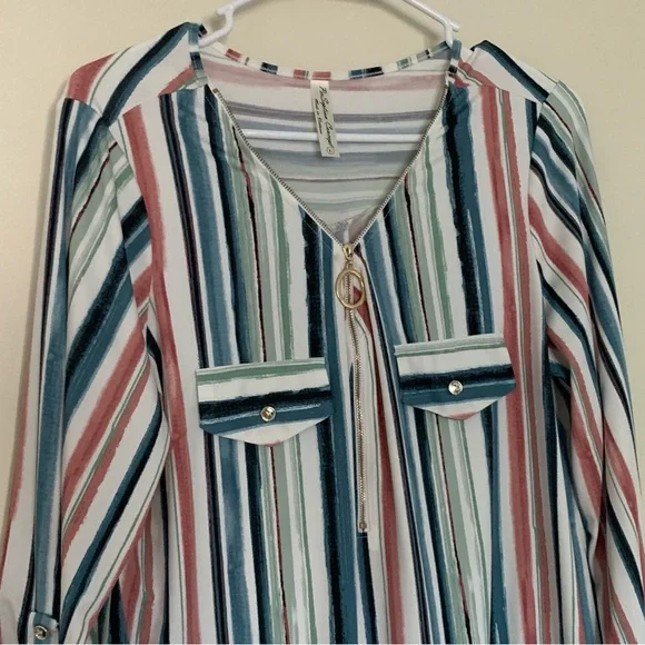 Women’s Large PERSEPTION CONCEPT Multi-Stripe Quarter Zip Blouse Top - Picture 6 of 6
